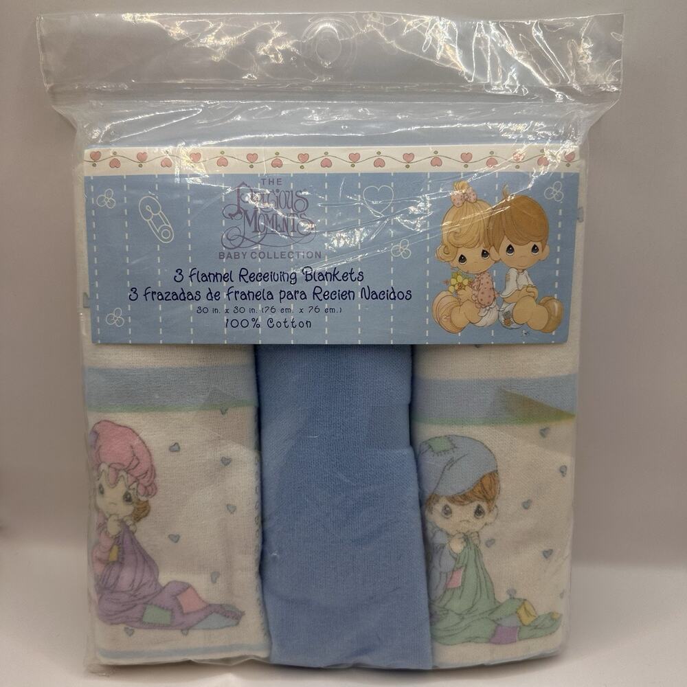 NOS! Vtg Receiving Blankets Precious Moments 100% Cotton Flannel Unisex Neutral